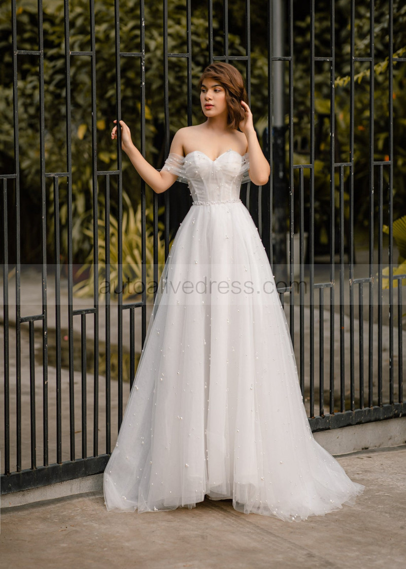 A-line Off Shoulder Ivory Pearl Beaded Tulle Wedding Dress