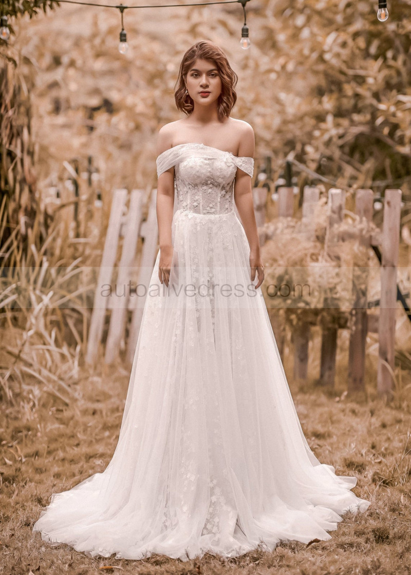 A-line Off Shoulder Beaded Ivory Lace Tulle Side Split Wedding Dress