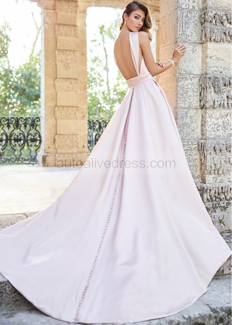 A-line Halter Neck Rose Gold Satin Wedding Dress With Pockets A-line Halter Neck Rose Gold Satin Wedding Dress With Pockets