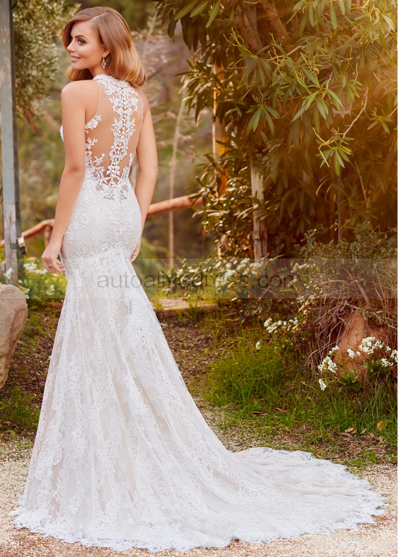 Mermaid Halter Neck Beaded Ivory Lace Tulle Cutout Boho Wedding Dress