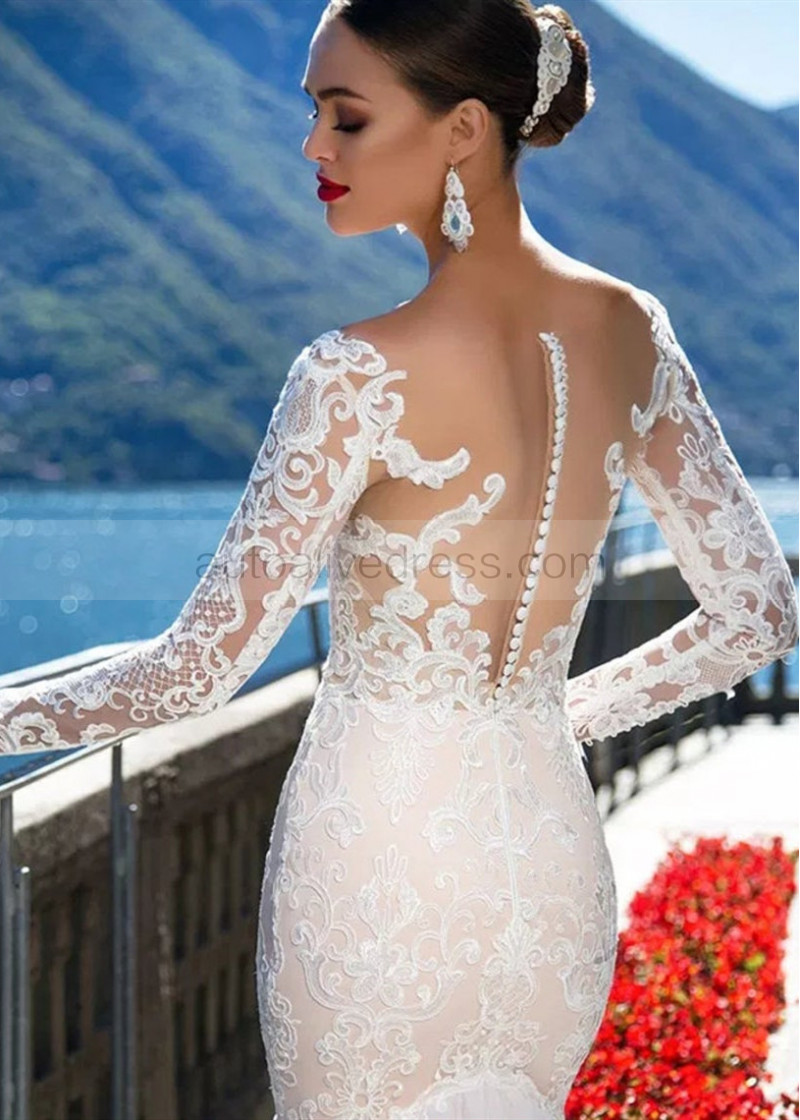 Mermaid Long Sleeve Ivory Lace Tulle See Through Back Wedding Dress Mermaid Long Sleeve Ivory Lace Tulle See Through Back Wedding Dress