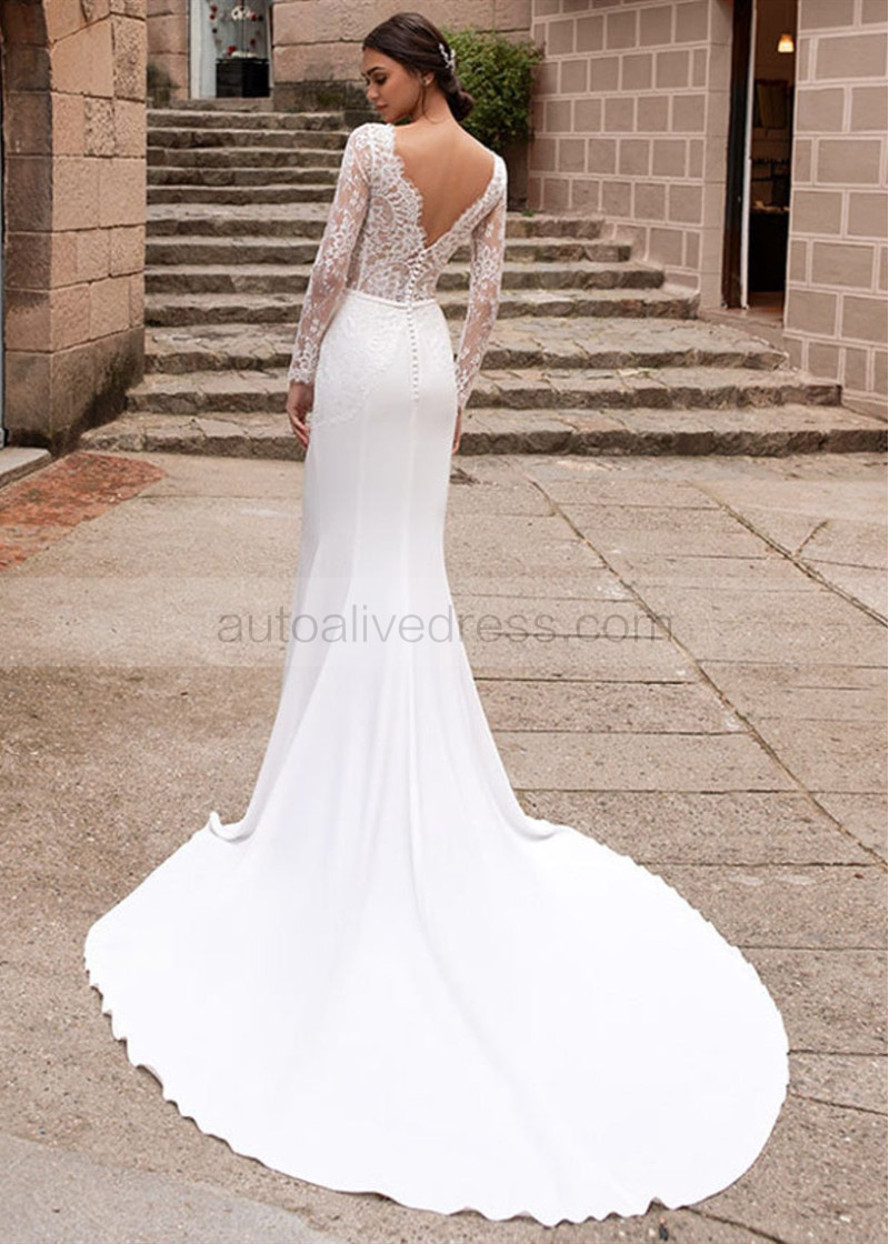Mermaid Long Sleeve Boat Neck Ivory Satin Lace Wedding Dress