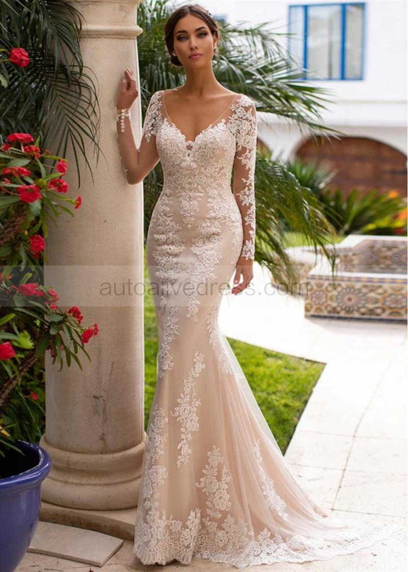 Mermaid V Neck Ivory Lace Tulle Wedding Dress With Champagne Lining Mermaid V Neck Ivory Lace Tulle Wedding Dress With Champagne Lining