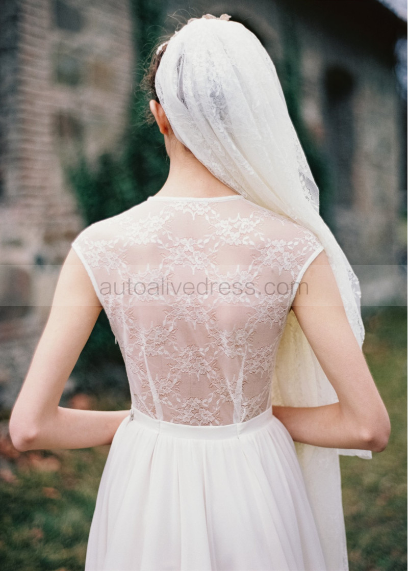 lace illusion back chiffon wedding dress F201007 Illusion Bodice , V-neck Lace & Chiffon Wedding Dress