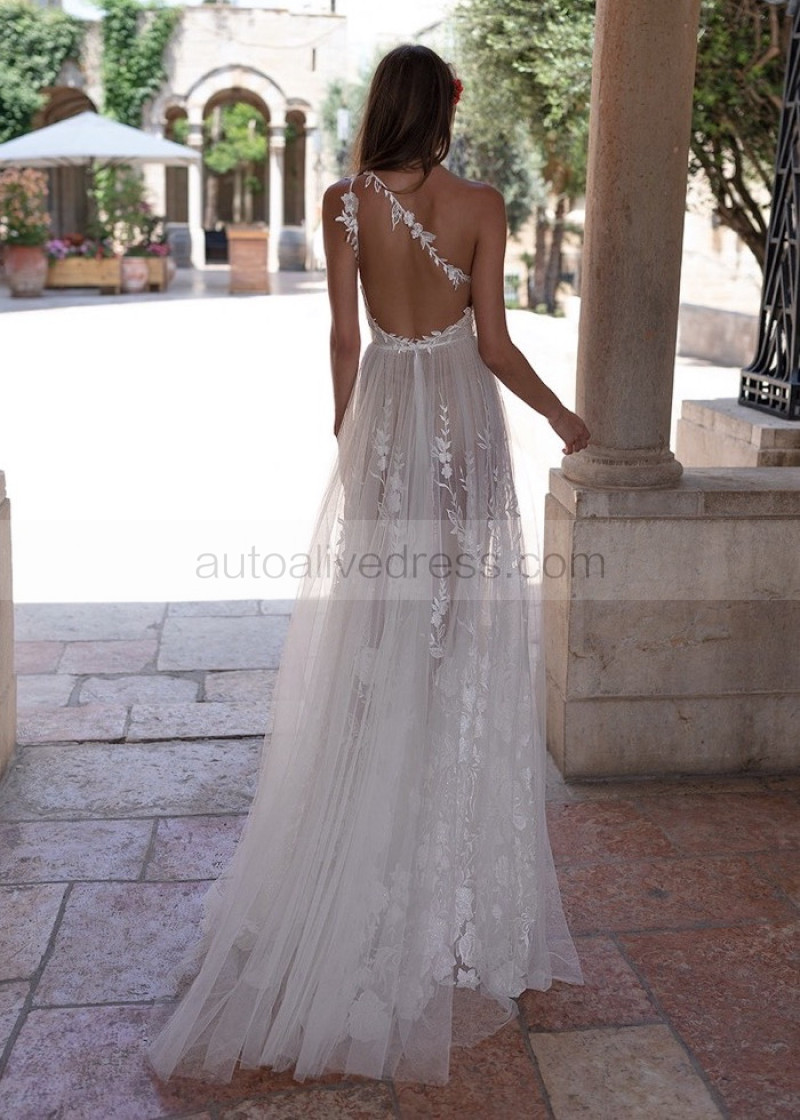A-line One Shoulder Ivory Lace Tulle Slit Open Back Wedding Dress A-line One Shoulder Ivory Lace Tulle Slit Open Back Wedding Dress