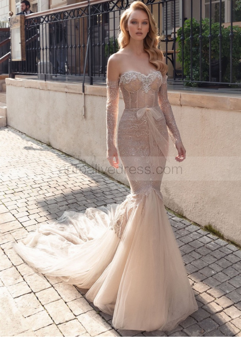 Mermaid Beaded Light Beige Lace Tulle Wedding Dress With Detachable Sleeve Mermaid Beaded Light Beige Lace Tulle Wedding Dress With Detachable Sleeve