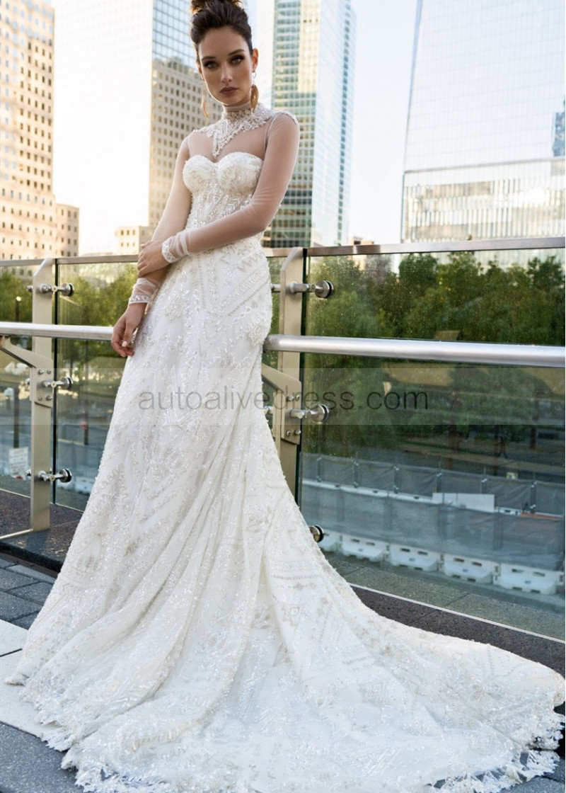 Mermaid Fully Beaded Ivory Tulle Wedding Dress With Detachable Jacket
