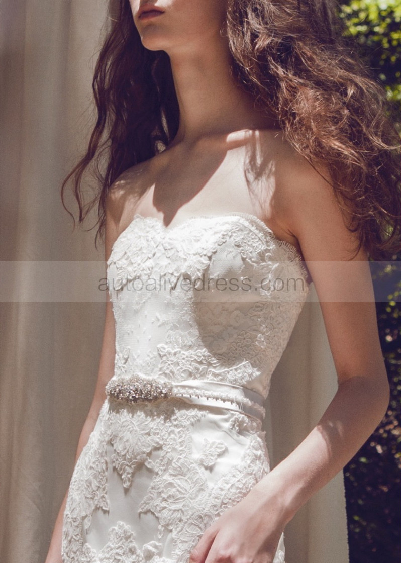 Mermaid Strapless Ivory Lace Tulle Wedding Dress With Beaded Belt Mermaid Strapless Ivory Lace Tulle Wedding Dress With Beaded Belt