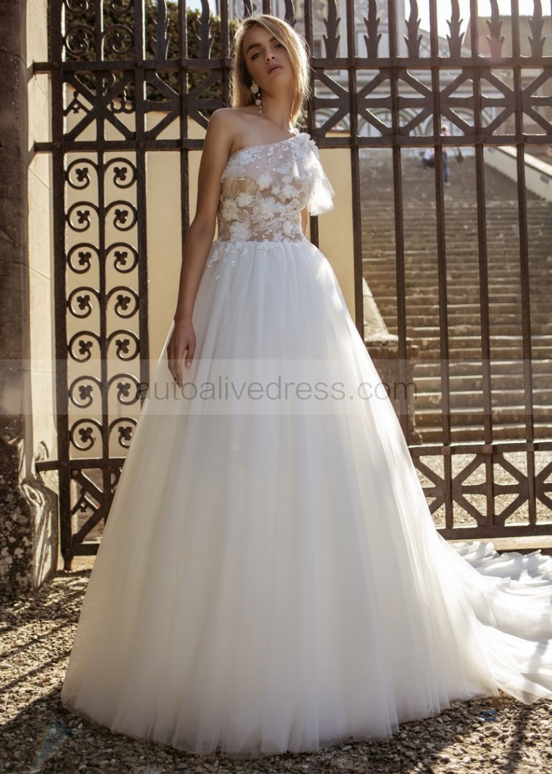 Ball Gown One Shoulder Ivory Floral Tulle Princess Wedding Dress Ball Gown One Shoulder Ivory Floral Tulle Princess Wedding Dress