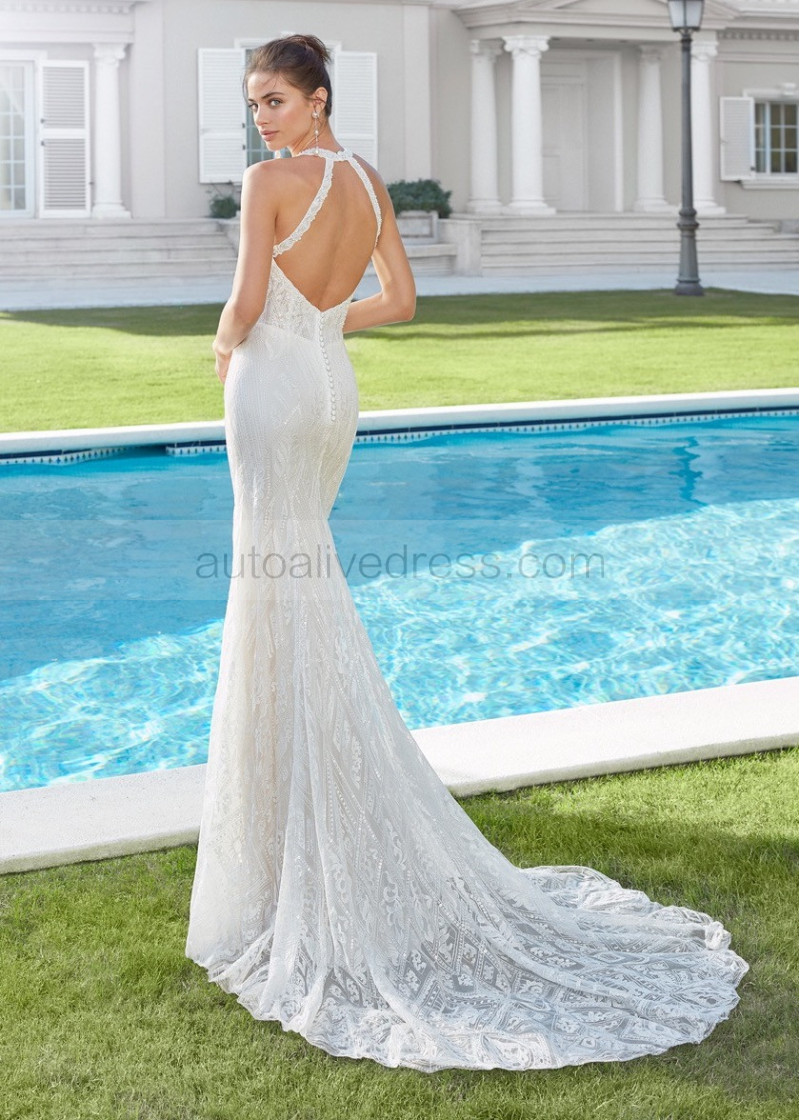 Mermaid Beaded Halter Neck Ivory Lace Wedding Dress With Detachable Tulle  Skirt