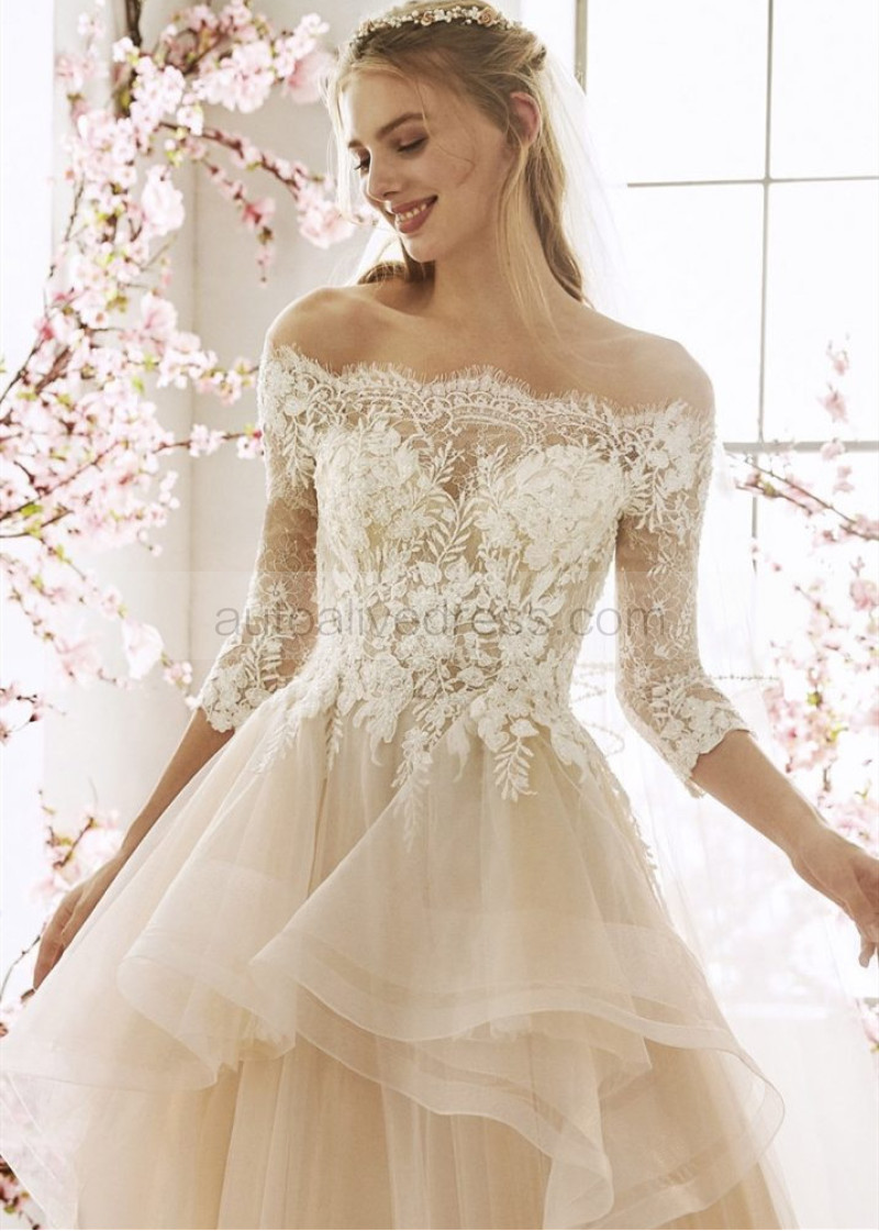 A-line Off Shoulder Ivory Lace Champagne Tulle Ruffle Wedding Dress