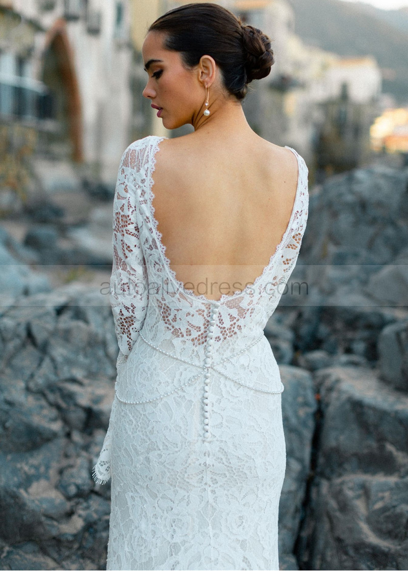 Mermaid Long Bell Sleeve Ivory Lace Pearl Embellished Wedding Dress
