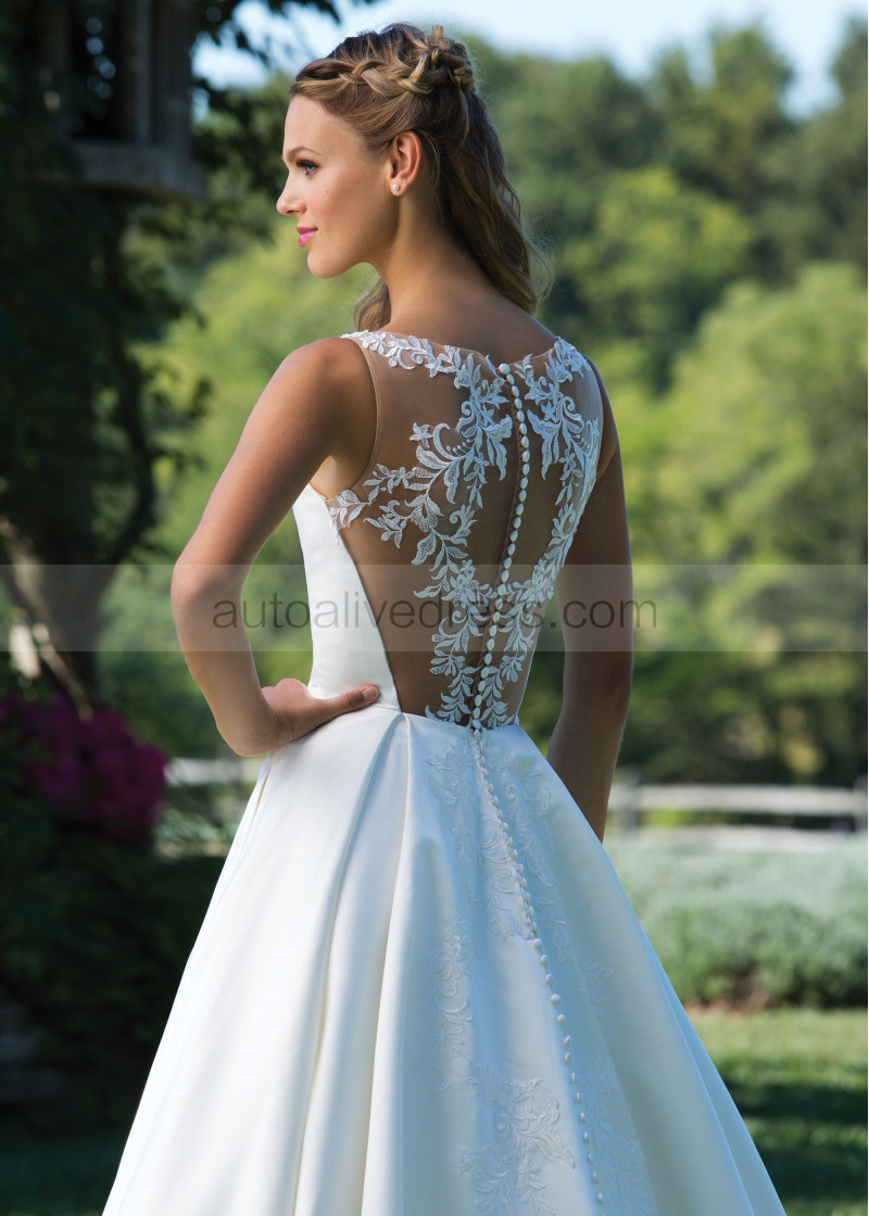 Ball Gown Ivory Matte Satin Lace Wedding Dress With Box Pleats
