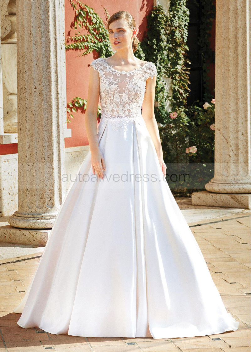 Ball Gown Cap Sleeve Beaded Ivory Lace Mikado Wedding Dress With Box Pleats Ball Gown Cap Sleeve Beaded Ivory Lace Mikado Wedding Dress With Box Pleats