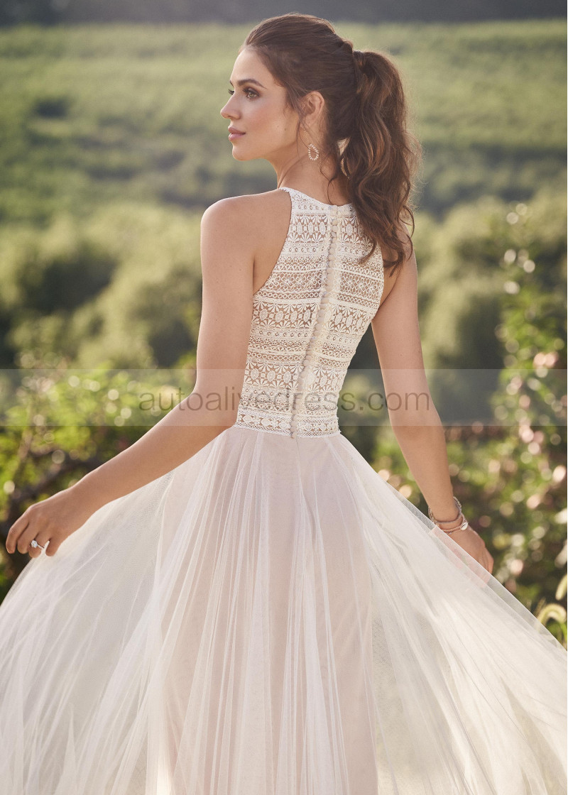 Jewel Neck Ivory Lace Tulle Illusion Bodice Wedding Dress