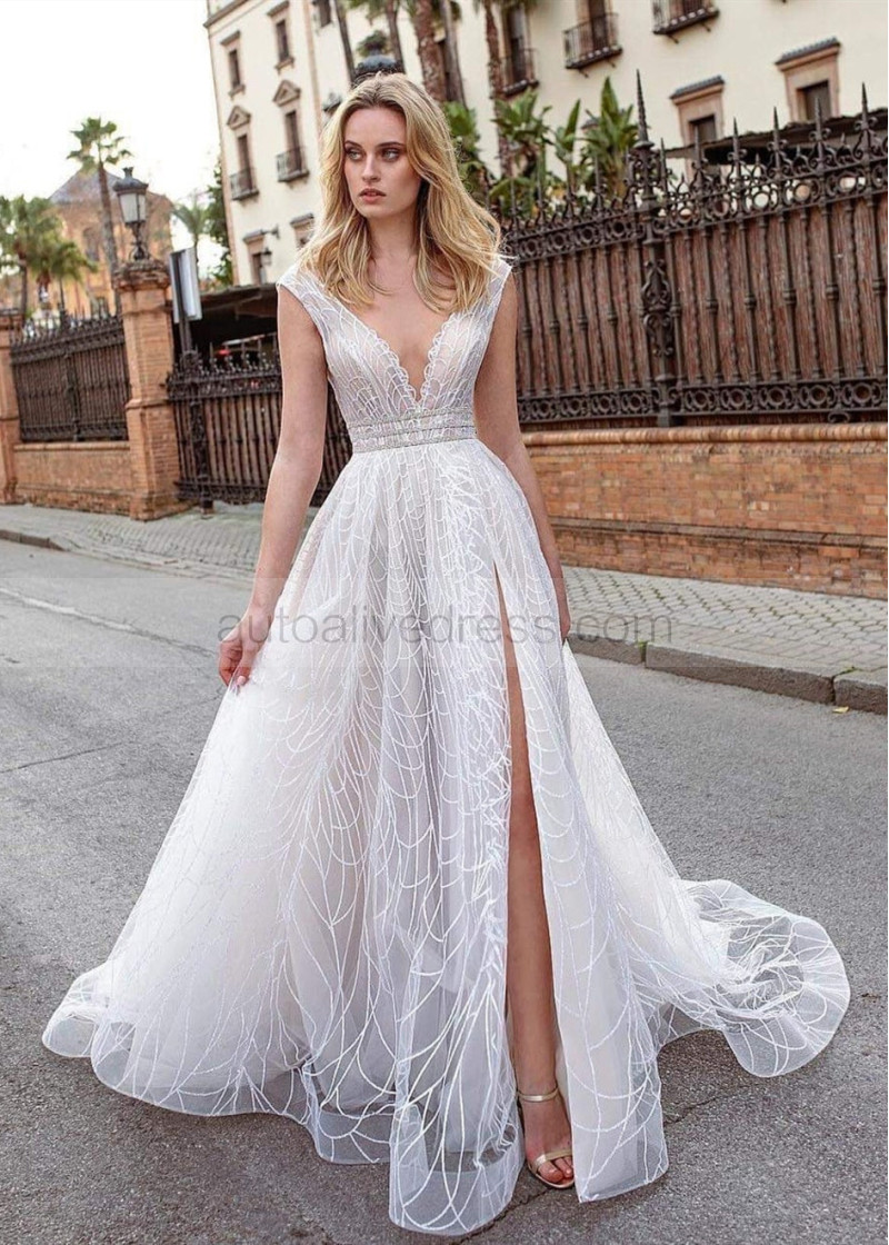A-line Deep V Neck Ivory Lace U Back High Slit Wedding Dress A-line Deep V Neck Ivory Lace U Back High Slit Wedding Dress