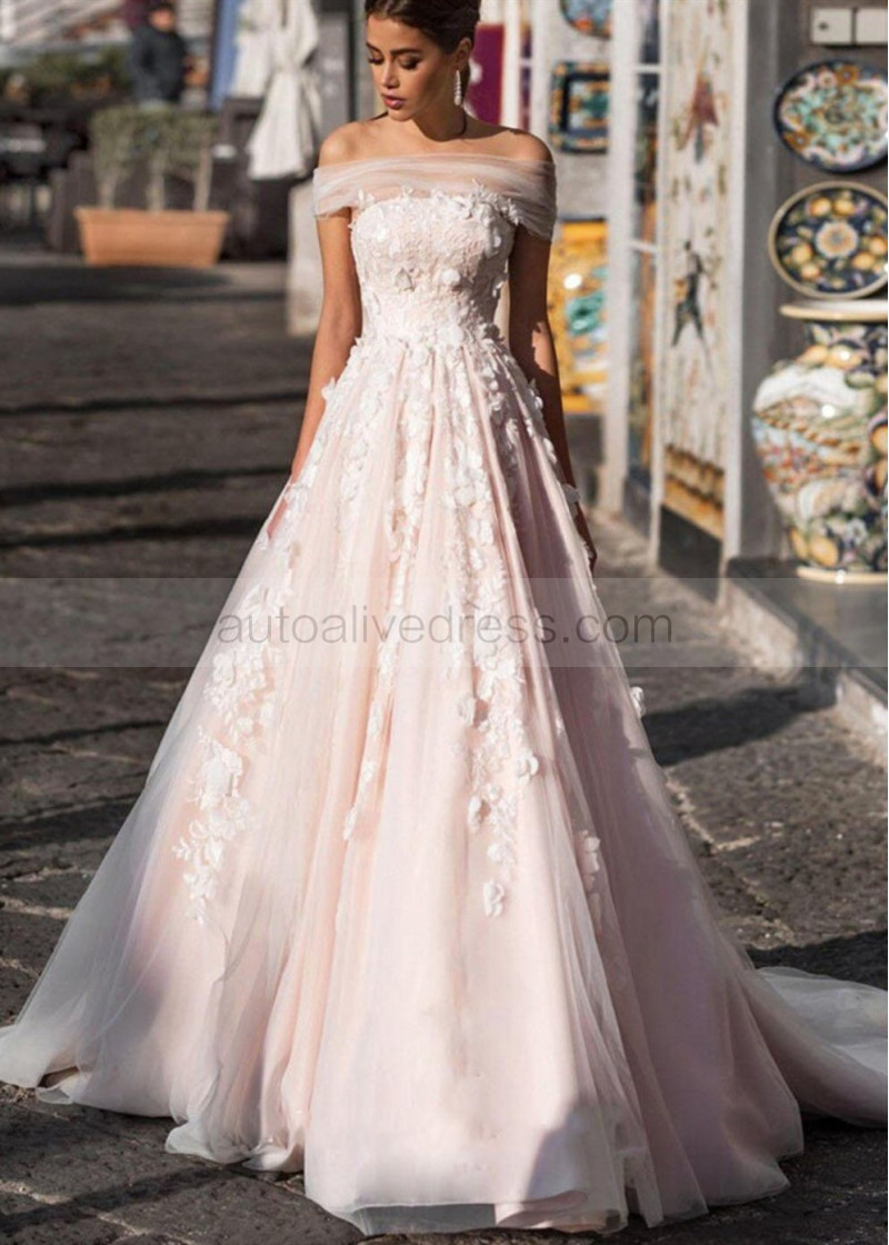 Ball Gown Off Shoulder Blush Pink Lace Tulle Princess Wedding Dress Ball Gown Off Shoulder Blush Pink Lace Tulle Princess Wedding Dress