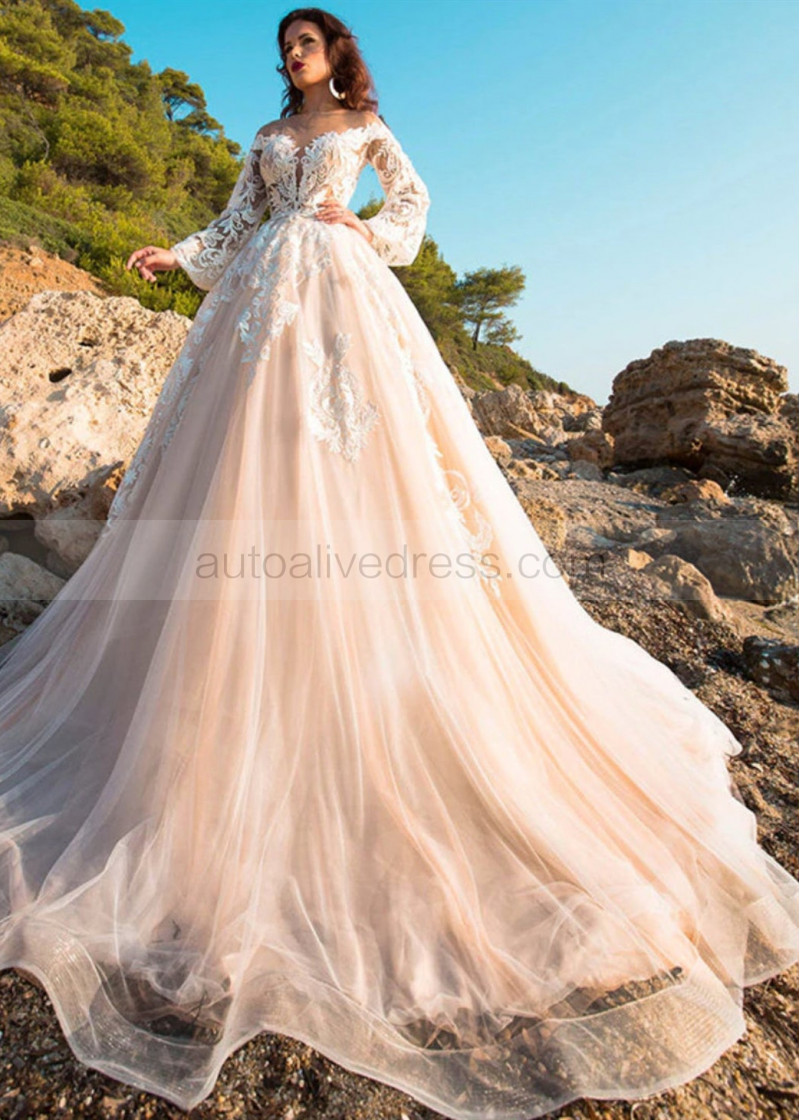 Ivory Lace Peach Tulle Wedding Dress With Horsehair Trim Ivory Lace Peach Tulle Wedding Dress With Horsehair Trim