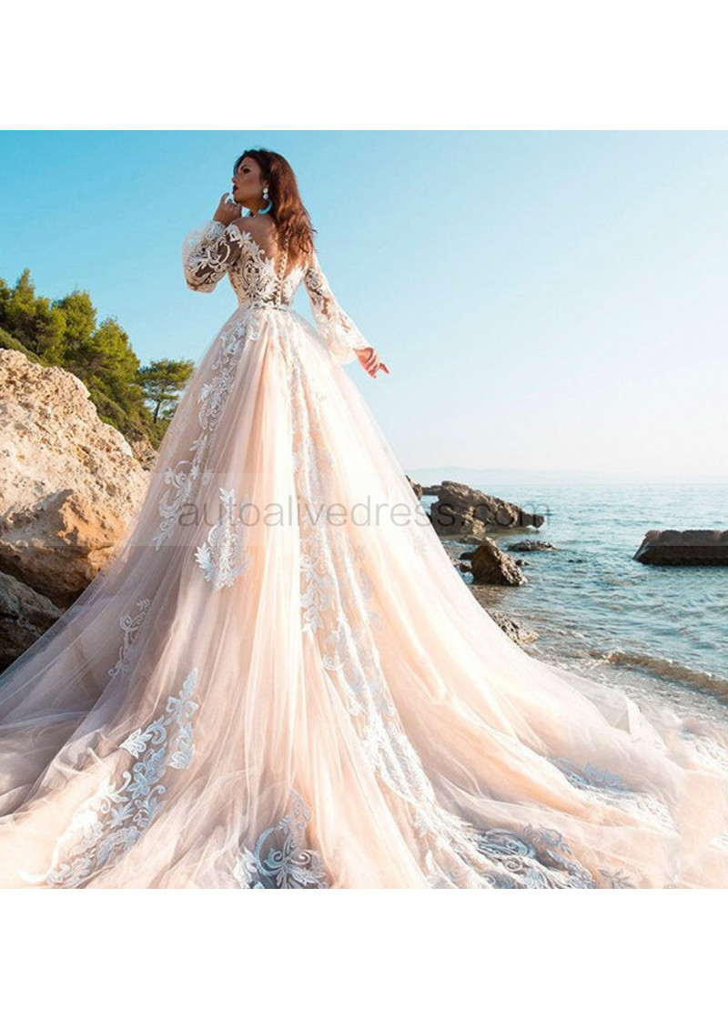 Ball Gown Ivory Lace Peach Tulle Wedding Dress With Horsehair Trim