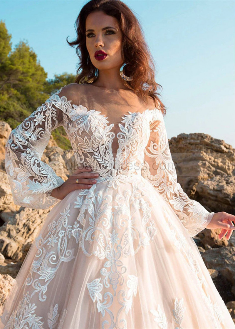 Ivory Lace Peach Tulle Wedding Dress With Horsehair Trim