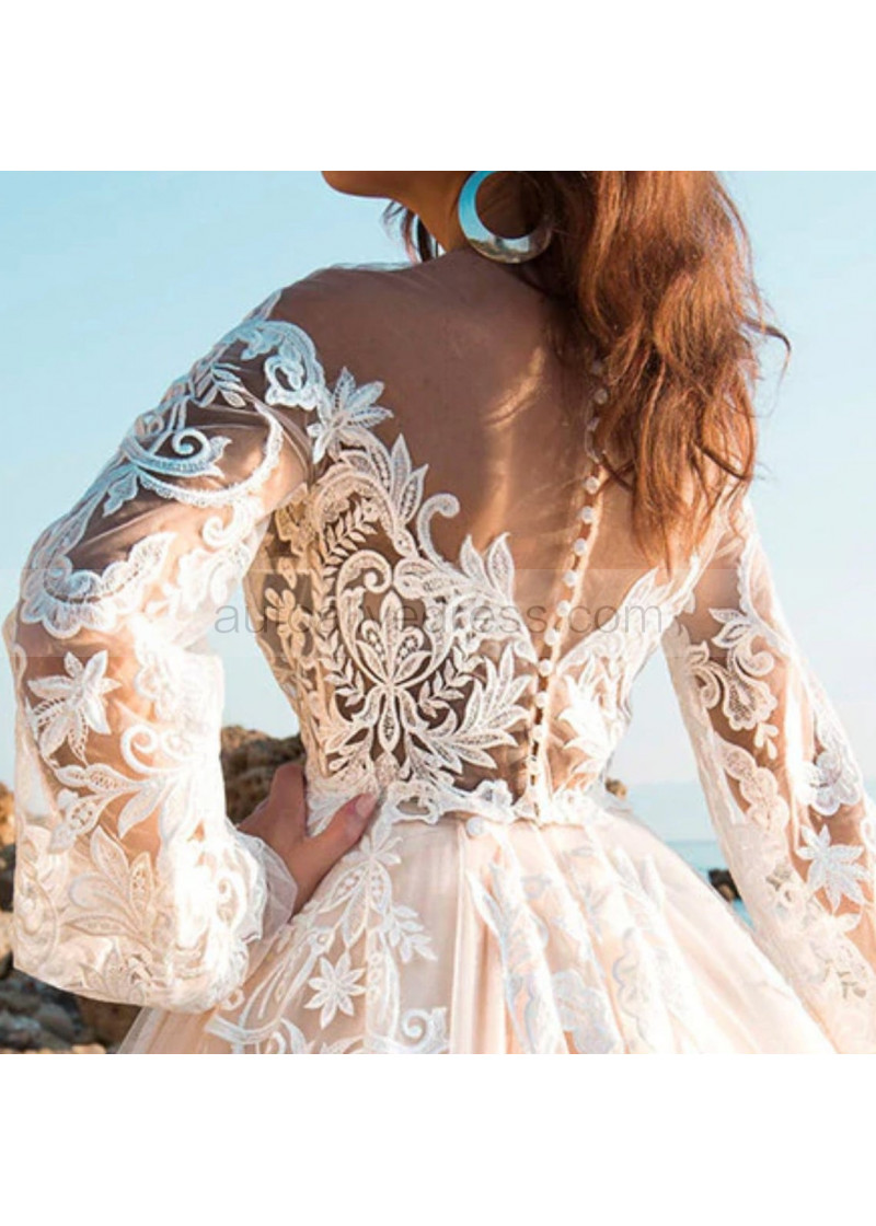 Ball Gown Ivory Lace Peach Tulle Wedding Dress With Horsehair Trim