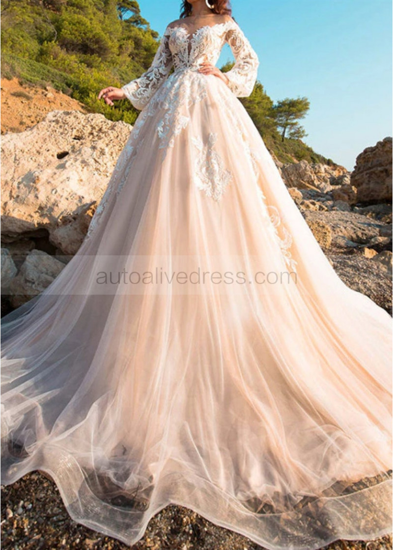Ball Gown Ivory Lace Peach Tulle Wedding Dress With Horsehair Trim