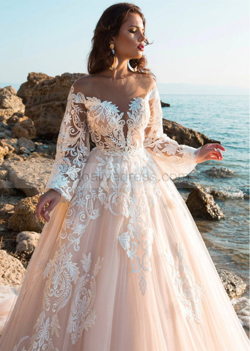 Ball Gown Ivory Lace Peach Tulle Wedding Dress With Horsehair Trim Ball Gown Ivory Lace Peach Tulle Wedding Dress With Horsehair Trim