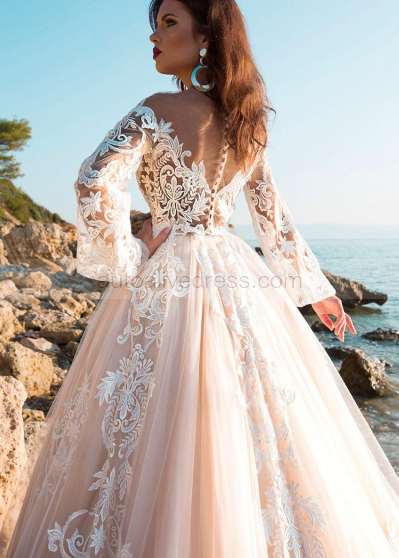 Ball Gown Ivory Lace Peach Tulle Wedding Dress With Horsehair Trim