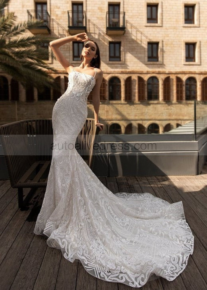 Mermaid Straight Neck Ivory Lace Corset Back Shimmering Wedding Dress Mermaid Straight Neck Ivory Lace Corset Back Shimmering Wedding Dress