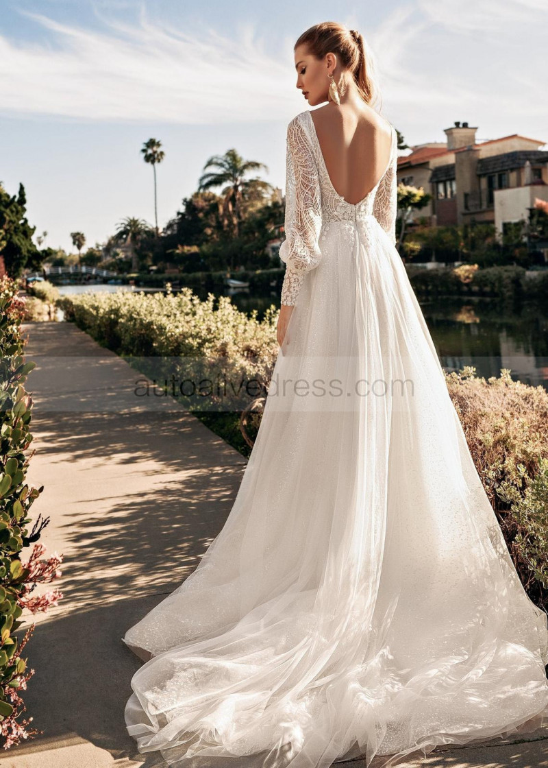 A-line Bling Bling Long Sleeve Ivory Sequined Lace Tulle Boho Wedding Dress