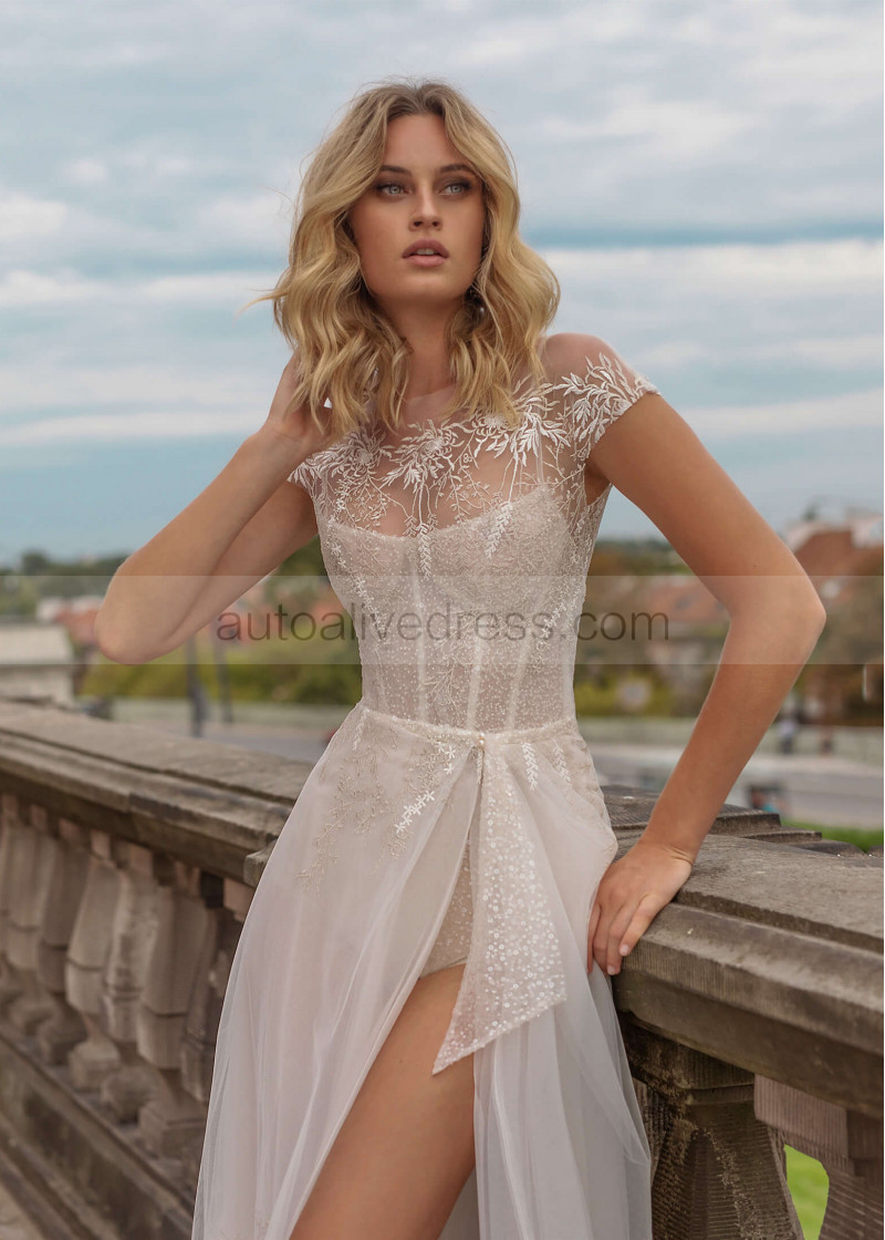 A-line Ivory Beaded Wedding Dress With Detachable Jacket