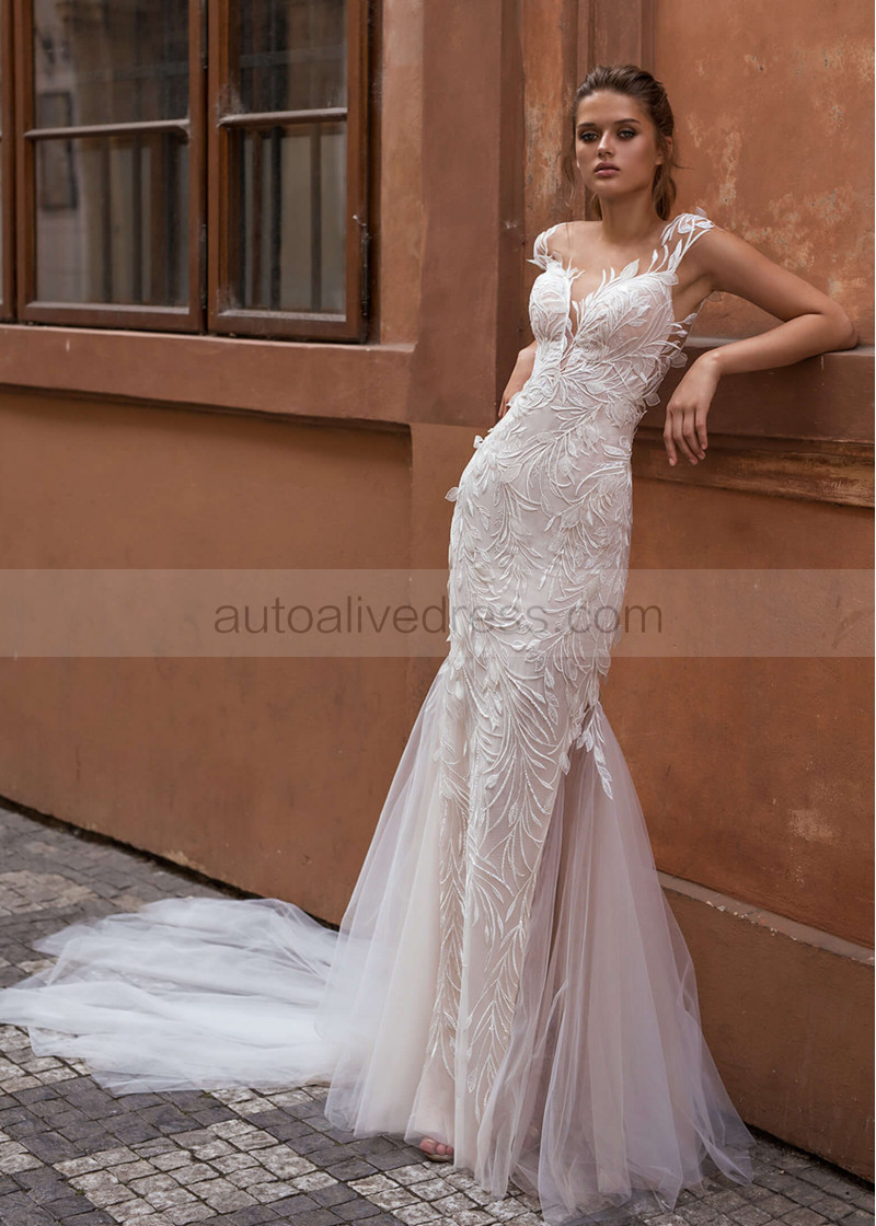 wedding dress leaf lace Leaf Lace Romantic Wedding Dresses Off Shoulder Noivas ZW722 TANYA BRIDAL