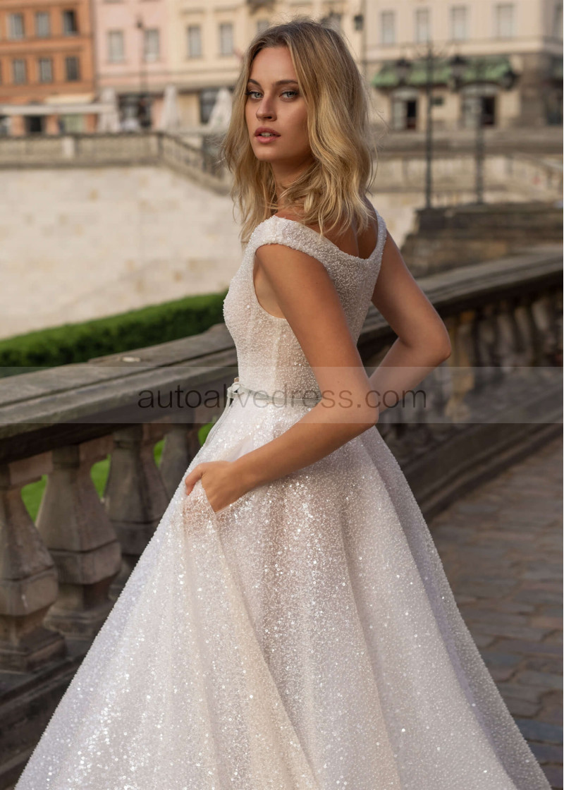 A-line Blush Beaded Tulle Wedding Dress With Pockets