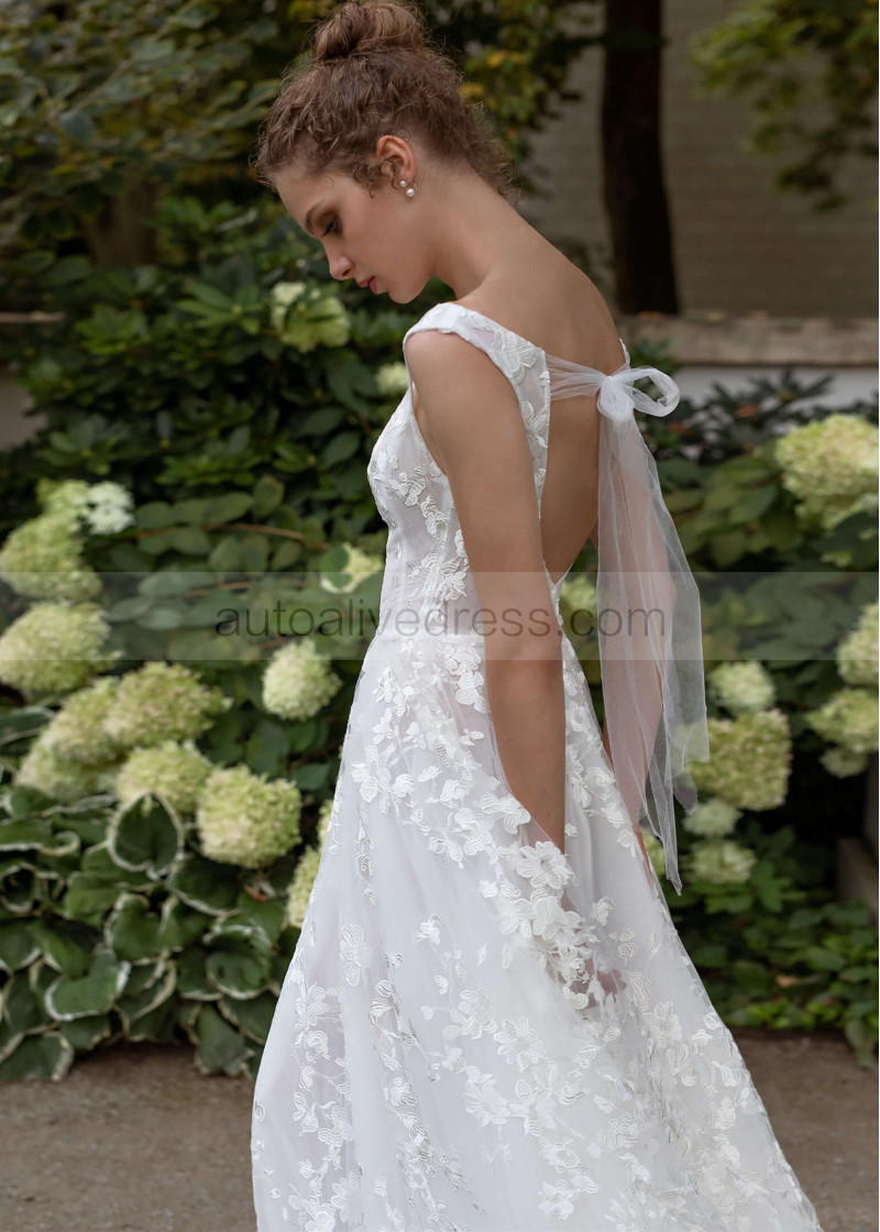 A-line Sabrina Neck Ivory Lace Floral Wedding Dress