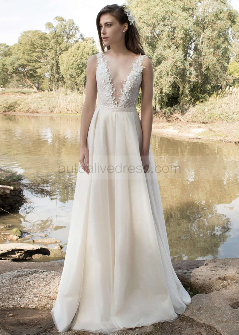 A-line Beaded Ivory Organza Wedding Dress With Detachable Train