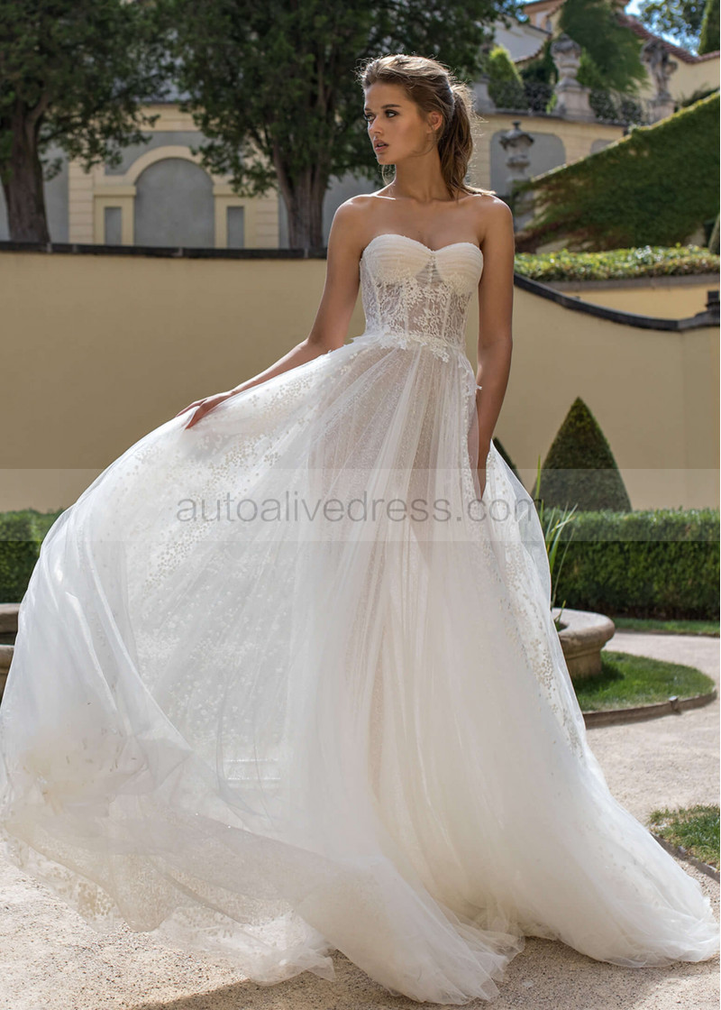 A-line Sweetheart Corset Beaded French Lace Wedding Dress