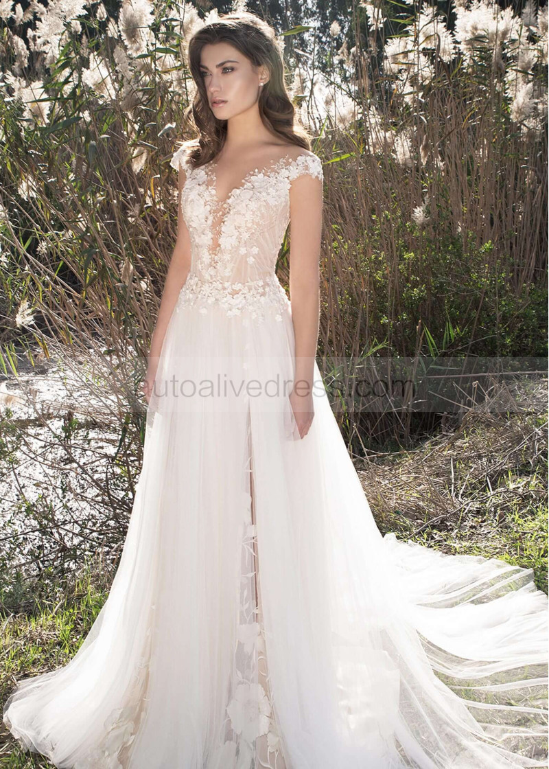beaded appliques for wedding dresses Romantic A-Line Wedding Dress with Beaded Floral Appliqus and Illusor   WonderlandByLilian