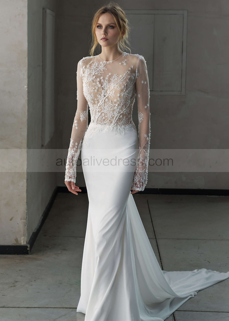 Mermaid Beaded Lace Chiffon Wedding Dress With Removable Train