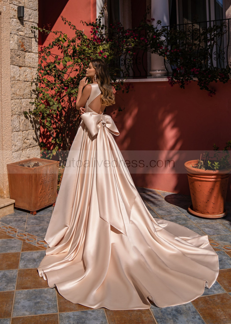 A-line Dusty Pink Satin Wedding Dress With Big Bow A-line Dusty Pink Satin Wedding Dress With Big Bow