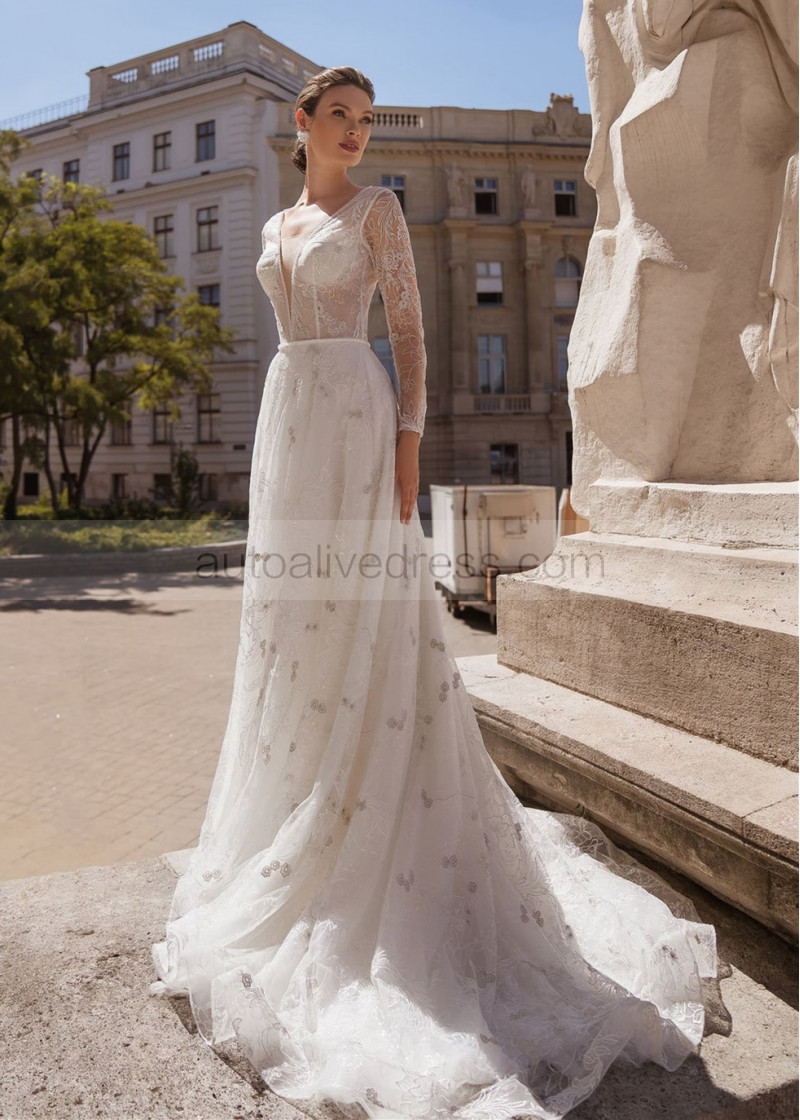 A-line Beaded Long Sleeves Ivory Lace Sheer Wedding Dress