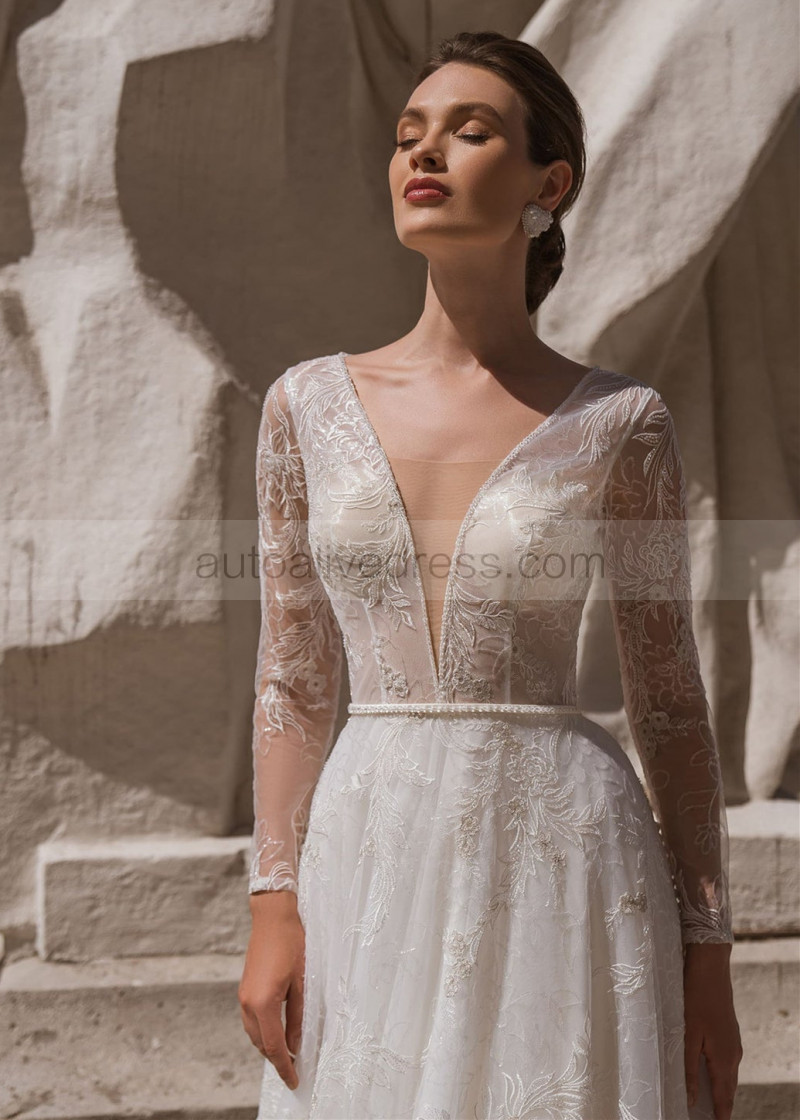 A-line Beaded Long Sleeves Ivory Lace Sheer Wedding Dress