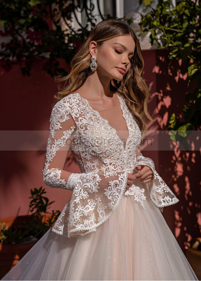 Bell Sleeves Beaded Lace Tulle Peplum Wedding Dress Bell Sleeves Beaded Lace Tulle Peplum Wedding Dress