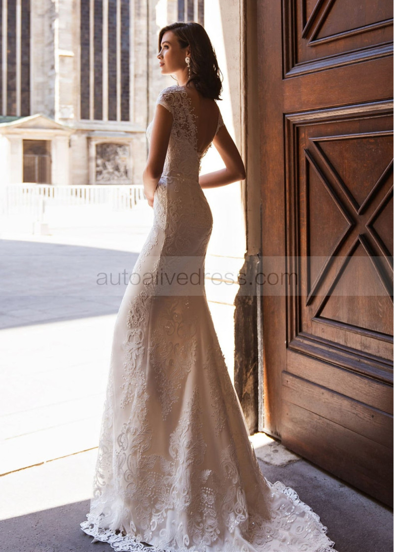 Beaded Cap Sleeves Lace Wedding Dress With Detachable Train