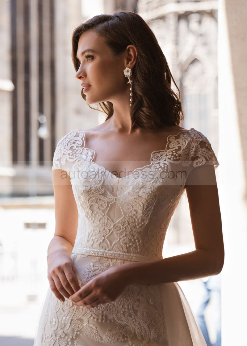 Beaded Cap Sleeves Lace Wedding Dress With Detachable Train Beaded Cap Sleeves Lace Wedding Dress With Detachable Train