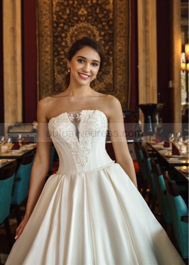 Ball Gown Beaded Strapless Ivory Satin Corset Back Wedding Dress Ball Gown Beaded Strapless Ivory Satin Corset Back Wedding Dress