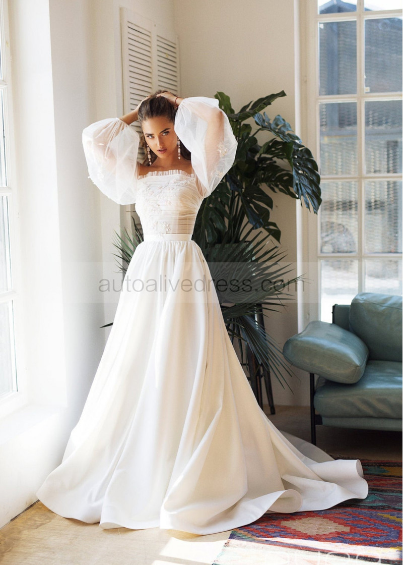 A-line Beaded White Tulle Satin Chic Wedding Dress A-line Beaded White Tulle Satin Chic Wedding Dress