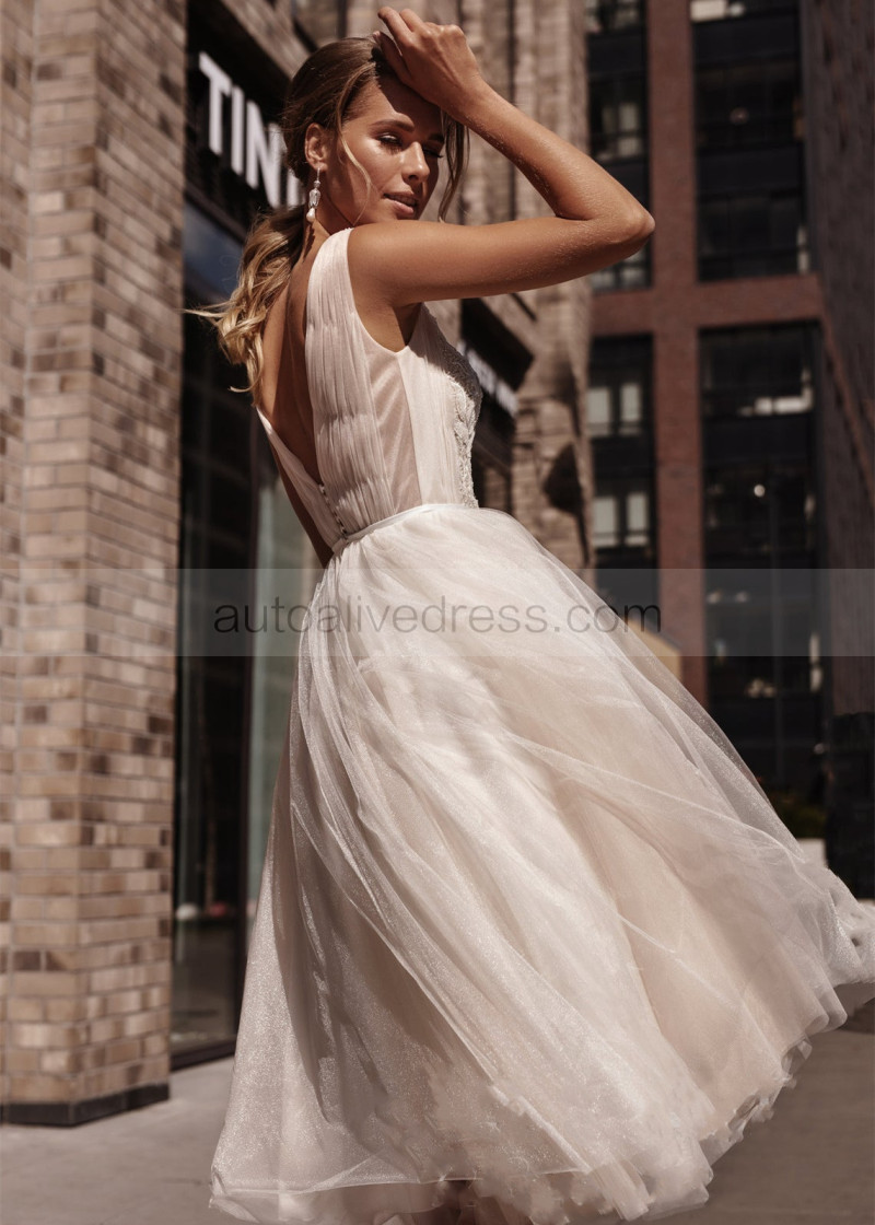 A-line Beaded Light Beige Tulle Glitter Wedding Dress A-line Beaded Light Beige Tulle Glitter Wedding Dress