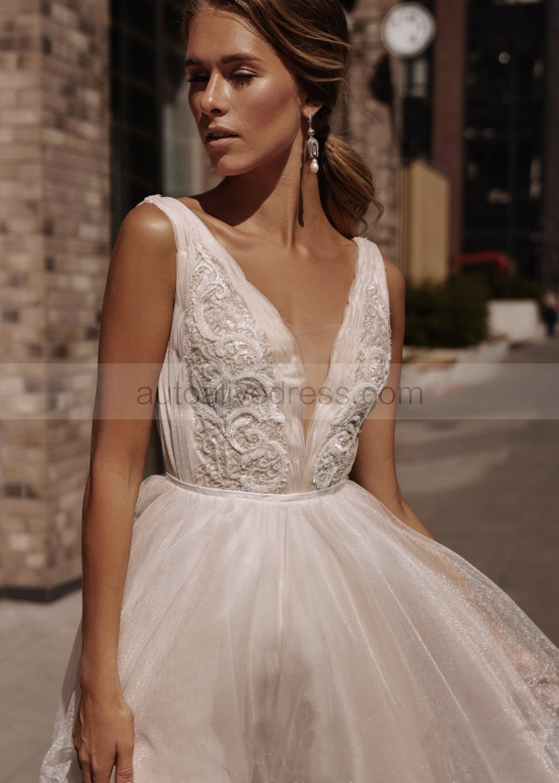 A-line Beaded Light Beige Tulle Glitter Wedding Dress A-line Beaded Light Beige Tulle Glitter Wedding Dress