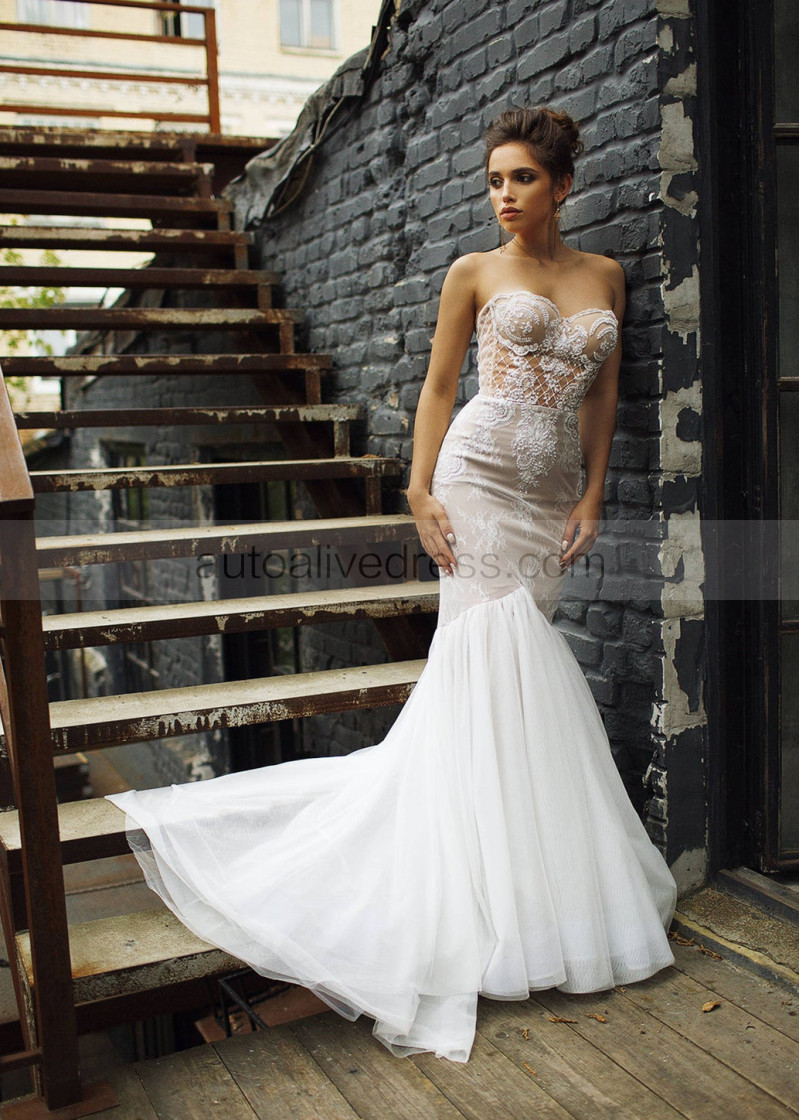Mermaid Sexy Strapless Lace Tulle Wedding Dress Mermaid Sexy Strapless Lace Tulle Wedding Dress