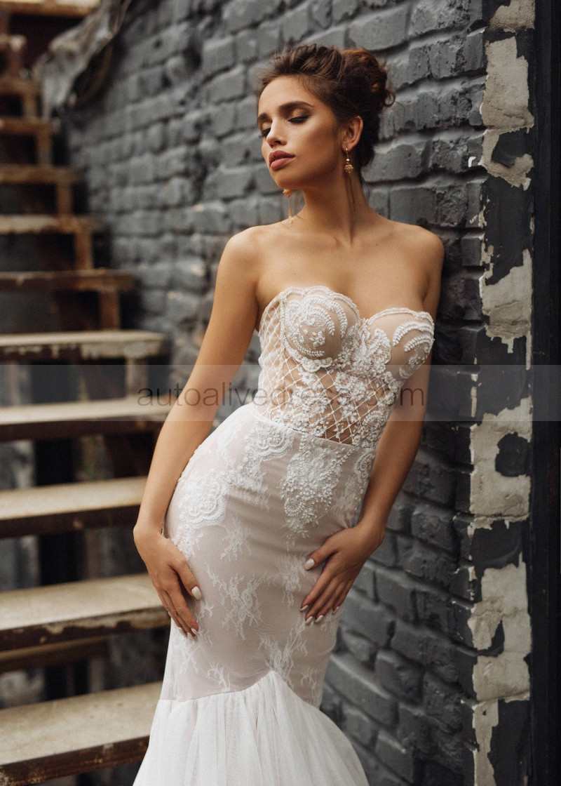 Mermaid Sexy Strapless Lace Tulle Wedding Dress Mermaid Sexy Strapless Lace Tulle Wedding Dress